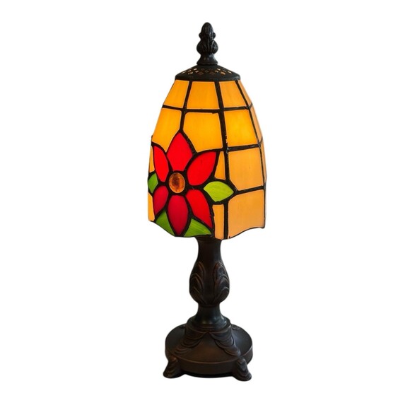 Cracker Barrel Tiffany Style Stained Glass POINSETTIA Mini Lamp With Box - Picture 2 of 6